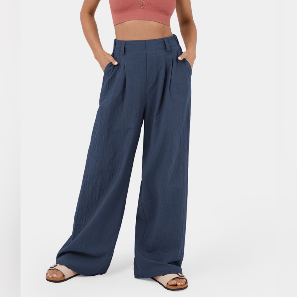 High Waisted Plicated Side Pocket Wide Leg Flowy Solid Palazzo Cas Cotton Pant